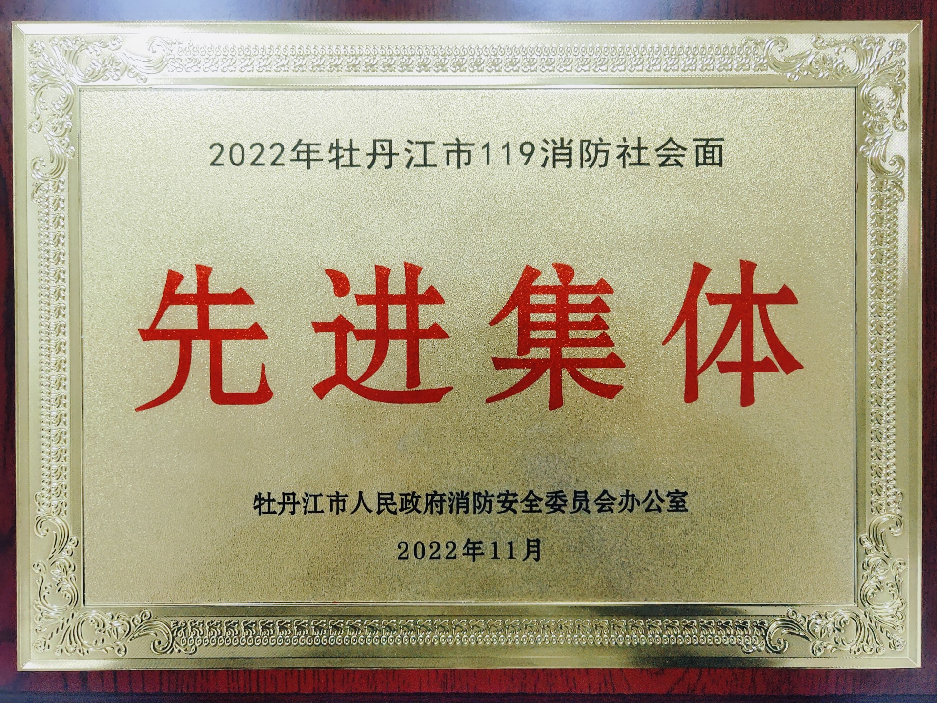 友搏药业荣获“2022年牡丹江市119消防社会面先进集体”称号
